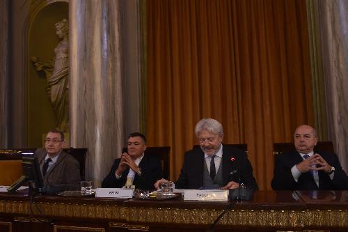 Sergio Bolzonello (Vicepresidente Regione FVG e assessore Attività produttive, Turismo e Cooperazione), Dario Bruni (Presidente Confartigianato Trieste), Antonio Paoletti (Presidente CCIAA Venezia Giulia) e Roberto Dipiazza (Sindaco Trieste) al convegno "Gli artigiani del futuro: sfide ed opportunità del mondo digitale" - Trieste 15/12/2017